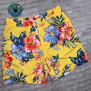Polo Ralph Lauren Mens Medium Floral Hibiscus Yellow Hawaiian Swim Trunks Pocket